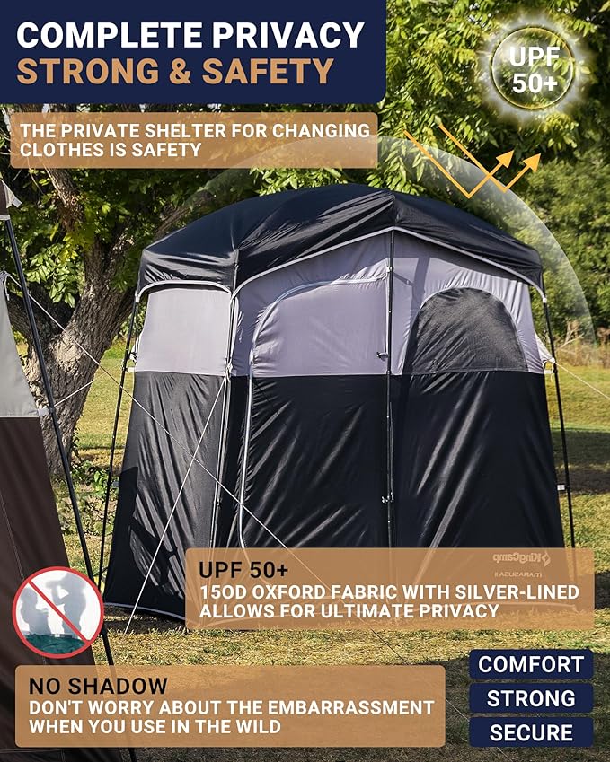 KingCamp Camping Shower Tent, Portable Outdoor Privacy Toilet & Changing Tent Windproof & Waterproof Easy Setup 1 or 2 Room Shelter with Shower Bag for Camping Hiking Beach