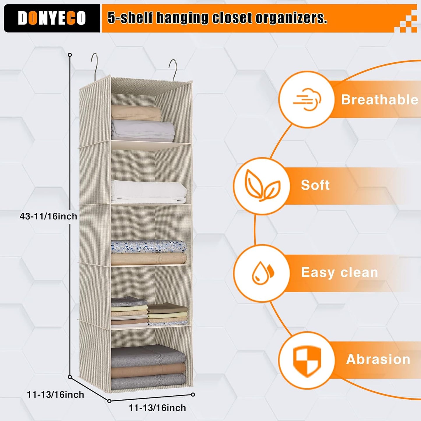 Hanging Closet Organizer, Easy Mount Foldable 5-Shelf Hanging Closet Wardrobe Storage Shelves, Clothes Handbag Shoes Accessories Storage, Imitation Linen Fabric, Beige Houndstooth