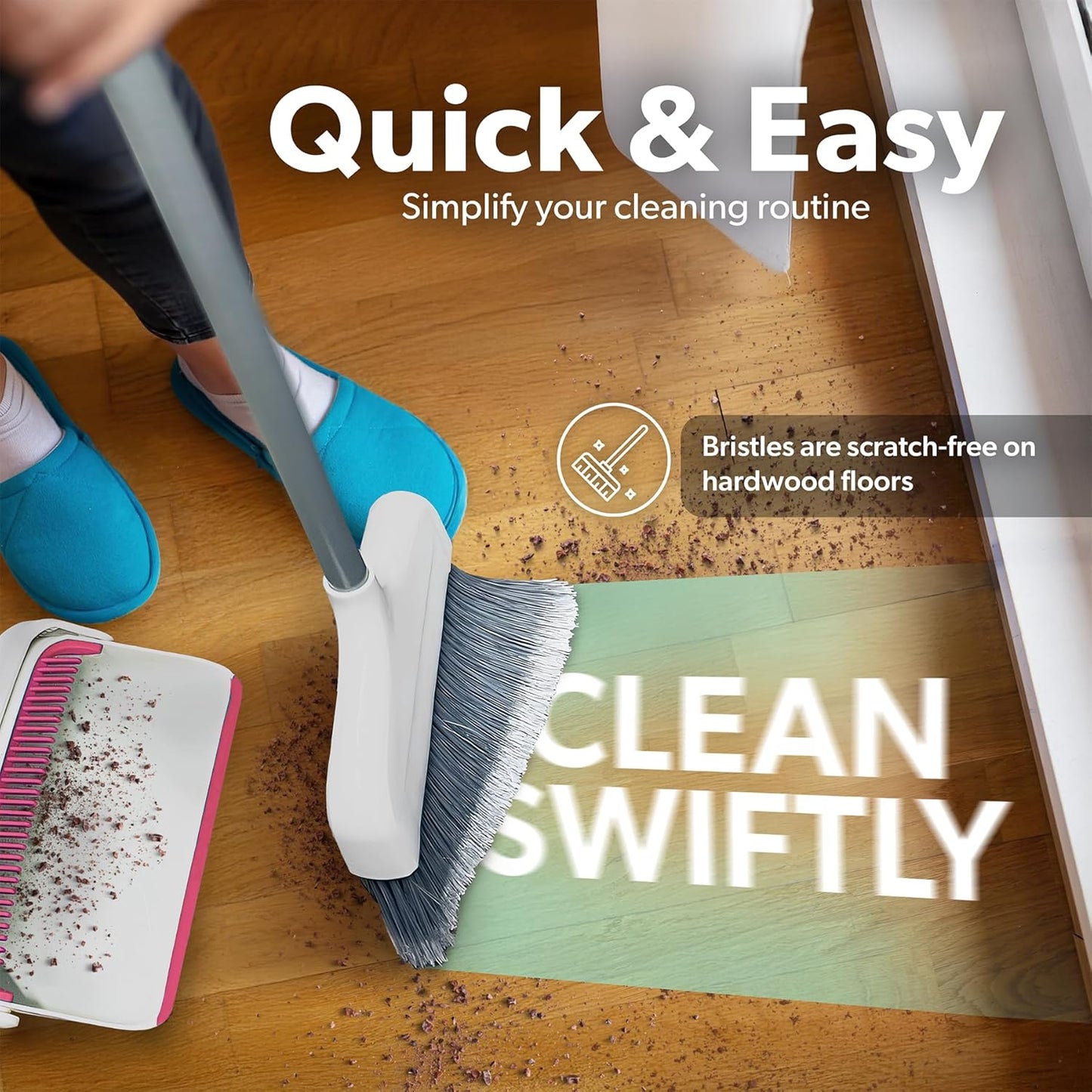 BLACK+DECKER Butler Broom & Dustpan Set - Stand-Up Design - Lightweight, Space-Saving Combo for Kitchen, Living Room, Bathroom, Lobby Floors - Home Cleaning Essential, White/Pink