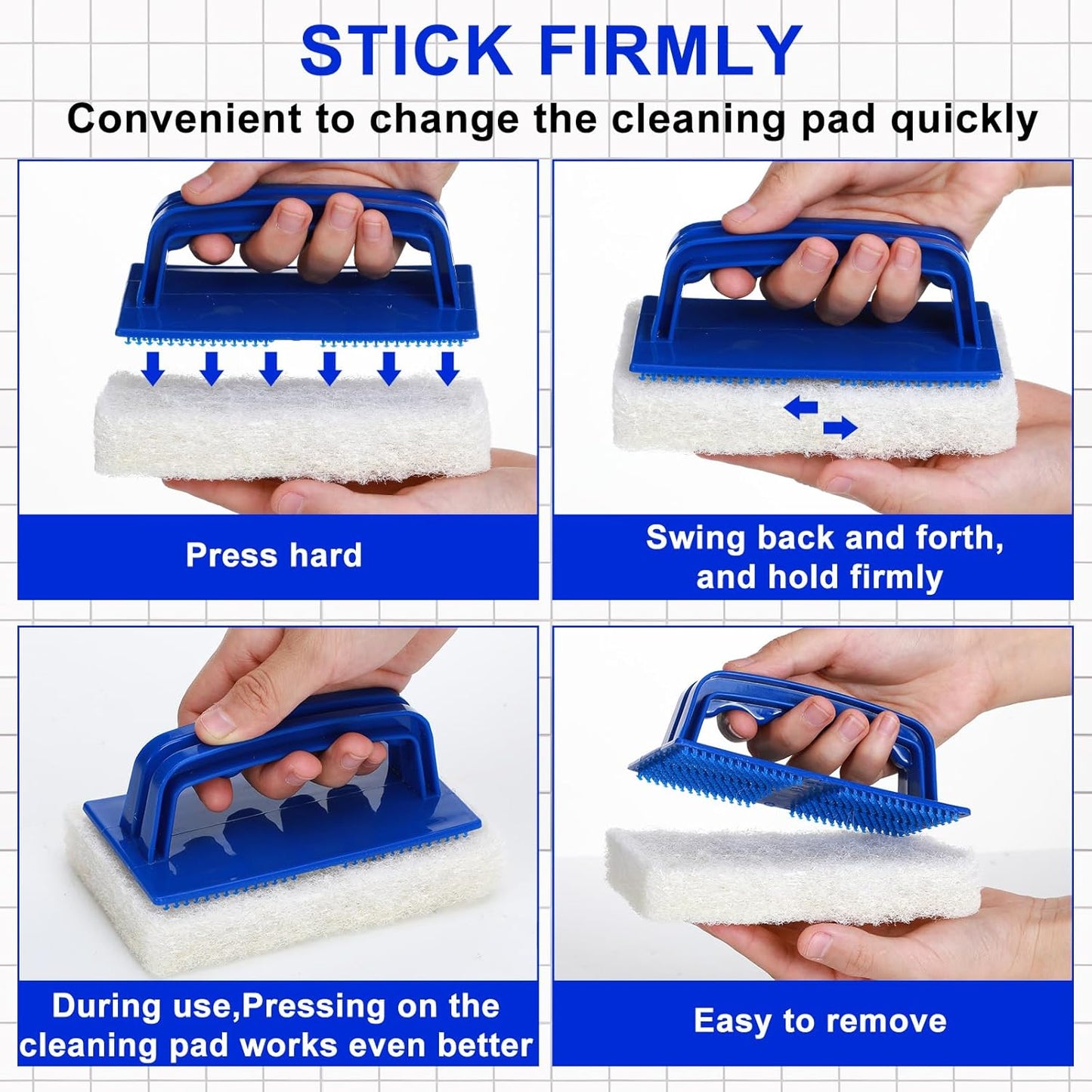 18 Pcs Handled Bath Scrubber Set, 15 Bathroom Scouring Pad 3 Bathtub Scrubber with Handle Non Scratch Soap Scum Remover for Cleaning Sink Shower Tile Swimming Pool Step and Corners(Blue and White)