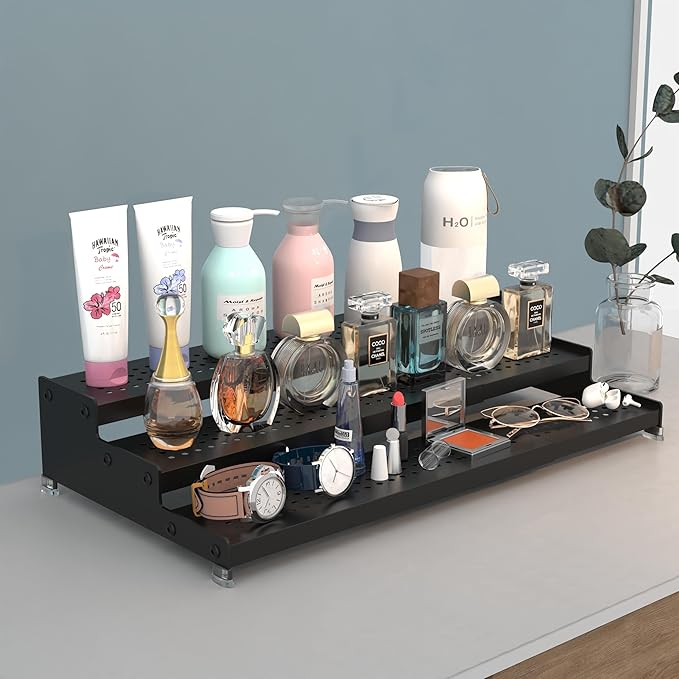 Expandable Spice Rack organizer with 3-Tier step shelf,Modern Design heavy duty,Non Skid and Visibility,Great for Kitchen Cabinet, Pantry and more(1PACK/BLACK)