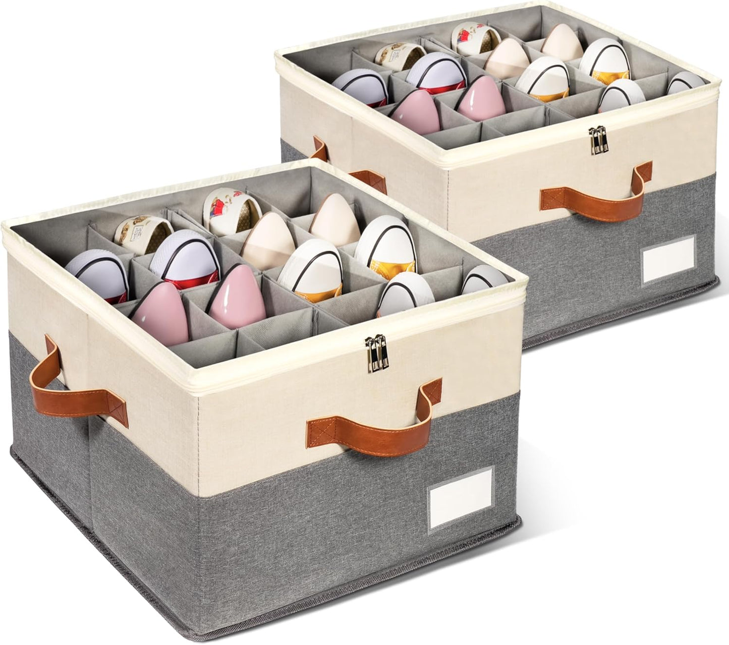 2 Pack Shoe Organizer for Closet, Adjustable Shoe Box Storage Containers, Large Foldable Shoe Bins with Clear Cover, Space Saving Shoes Holder with 4 Handles, Fits 16-32 Pairs, Beige