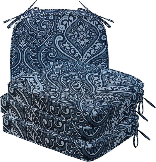 Round Corner Seat Cushions, 17" x 16" x 2", Set of 4, Indoor Outdoor Water Repellent Universal Chair Pads with Ties for Patio Furniture, Garden Deck Dining Chairs, Damask Blue Flower