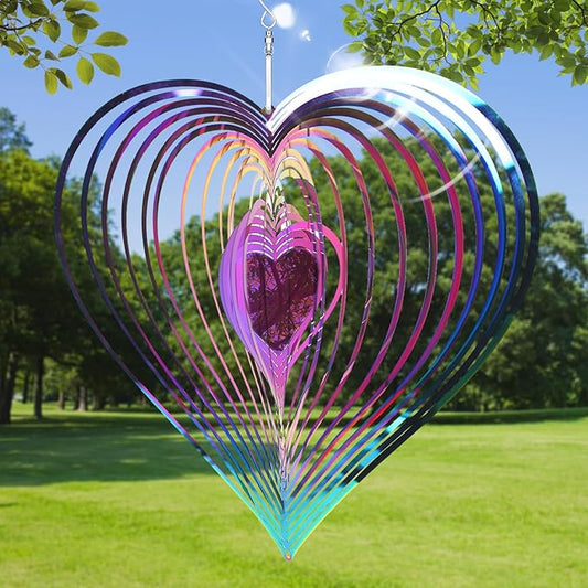 12in Wind Spinners Outdoor Color Heart Metal Wind Spinners for Yard and Garden, Stainless Steel Hanging Wind Chimes for Outside Patio Art Decor Whirligig Gifts for Mom Grandmother