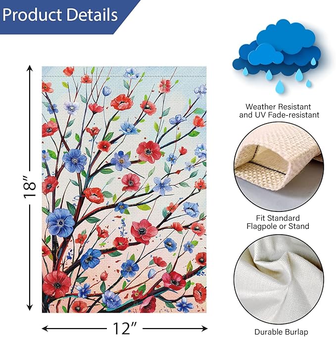 Louise Maelys 4 of July Garden Flag Red and Blue Floral Tree Us America 12x18 Inch Double Sided Stars and Stripes Small Burlap Yard Sign Outside Outdoor House Independence Day Decor