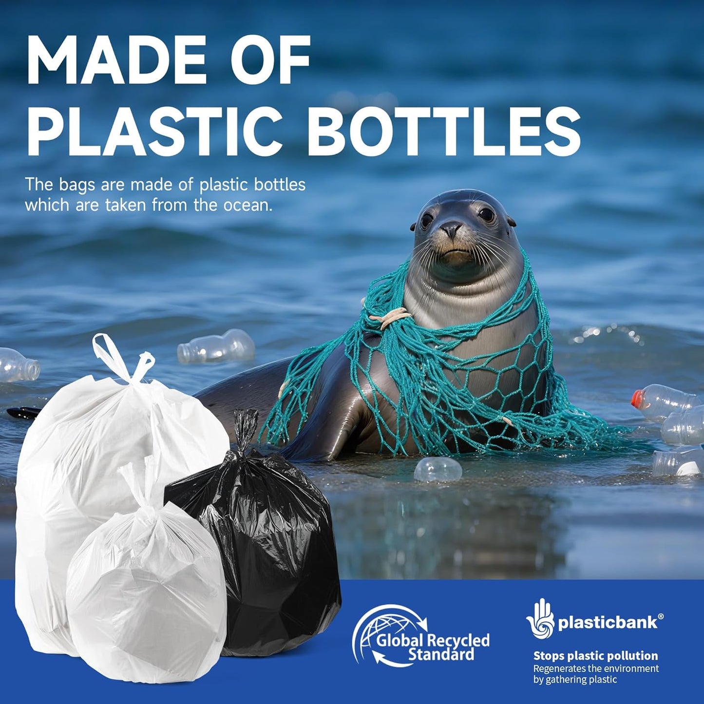 Small Trash Bags with Handles 2.6 Gallon 50 Count White - Ocean Plastic Upcycling - Plastic Garbage Bags, Can Bin & Waste Basket Liner for Kitchen, Bathroom, Office and Pets