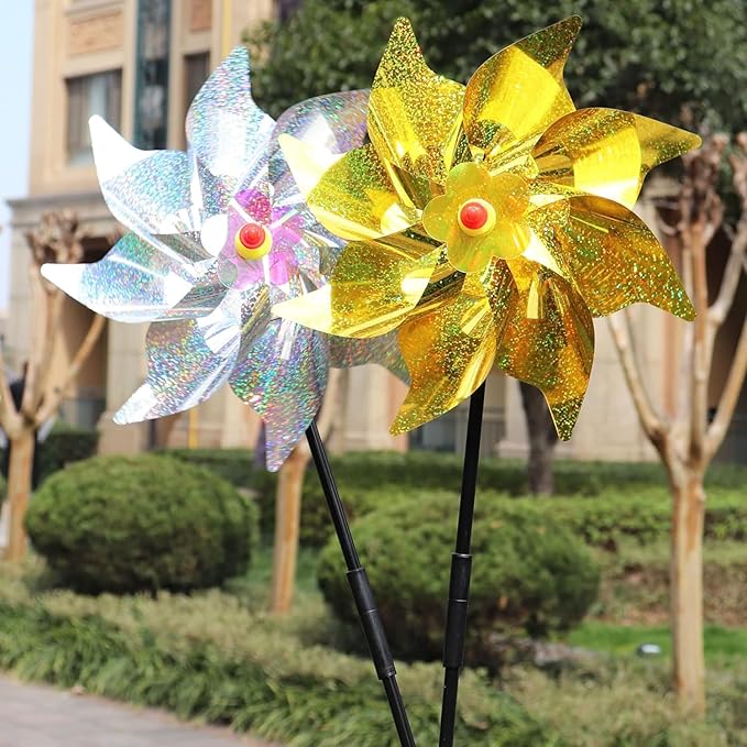 Sparkly Reflective Pinwheels with Stakes, Wind Spinners Outdoor Bird Scare Devices, Foil Pin Wheel Holographic Whirl Windmill for Yard Garden Decor Garden Wind Spinner 6 Packs - Gold