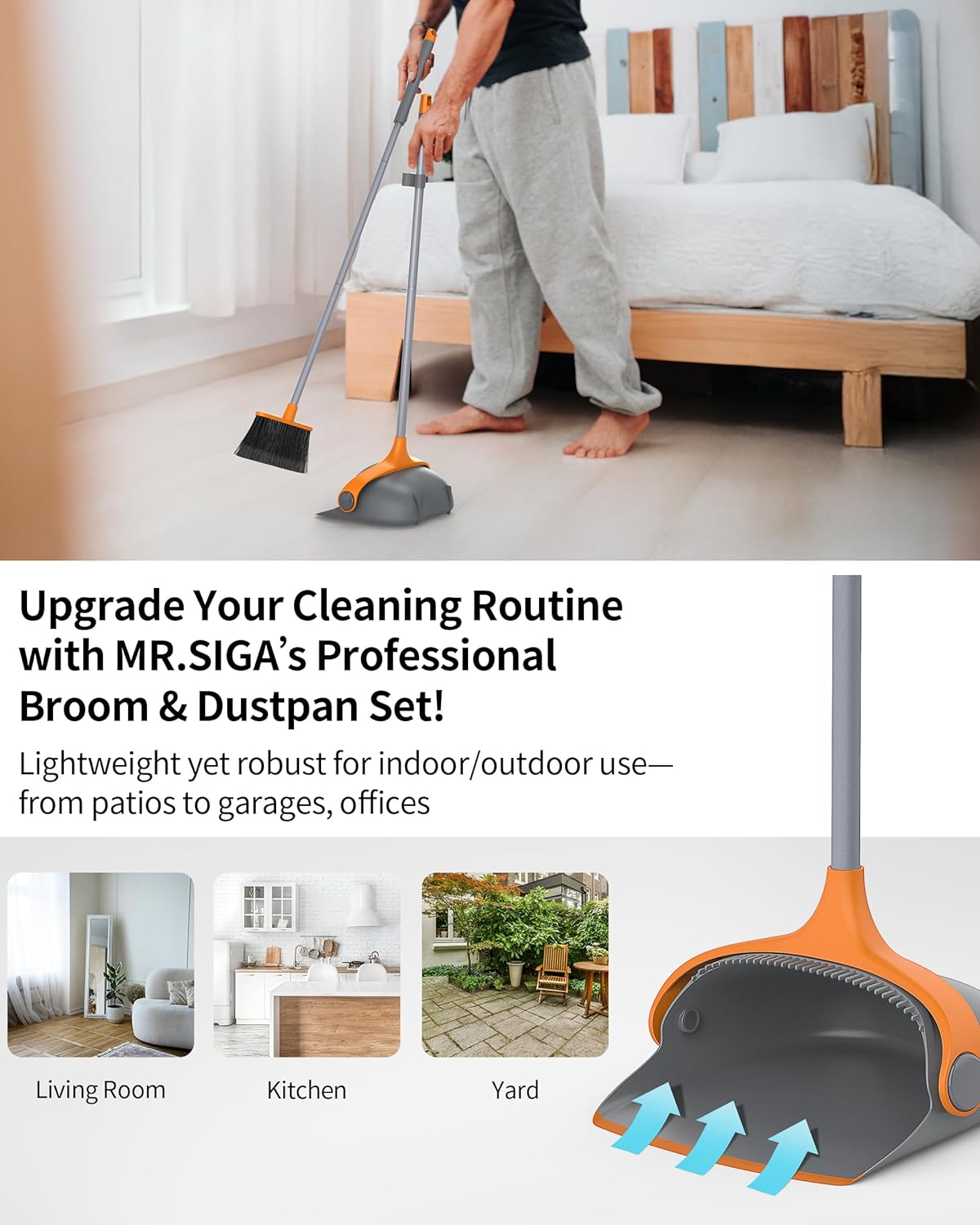 MR.SIGA Broom and Dustpan Set with Long Handle, Stand Upright Broom with Dustpan Combo for Cleaning Office, Garage, Lobby, Lightweight Sweeping Set, 51.7"(131 cm) Long Handle, Gray & Orange