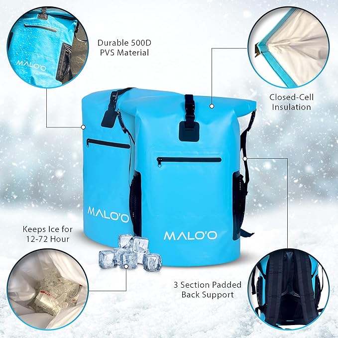 Malo'o Backpack Cooler Bag Holds 24 cans or 18 Bottles and ice - Roll-Top Soft Cooler for Kayaking, Camping, Beach, Fishing, Hiking Daypack & Travel Gear - Closed-Cell Insulation Cooler Backpack