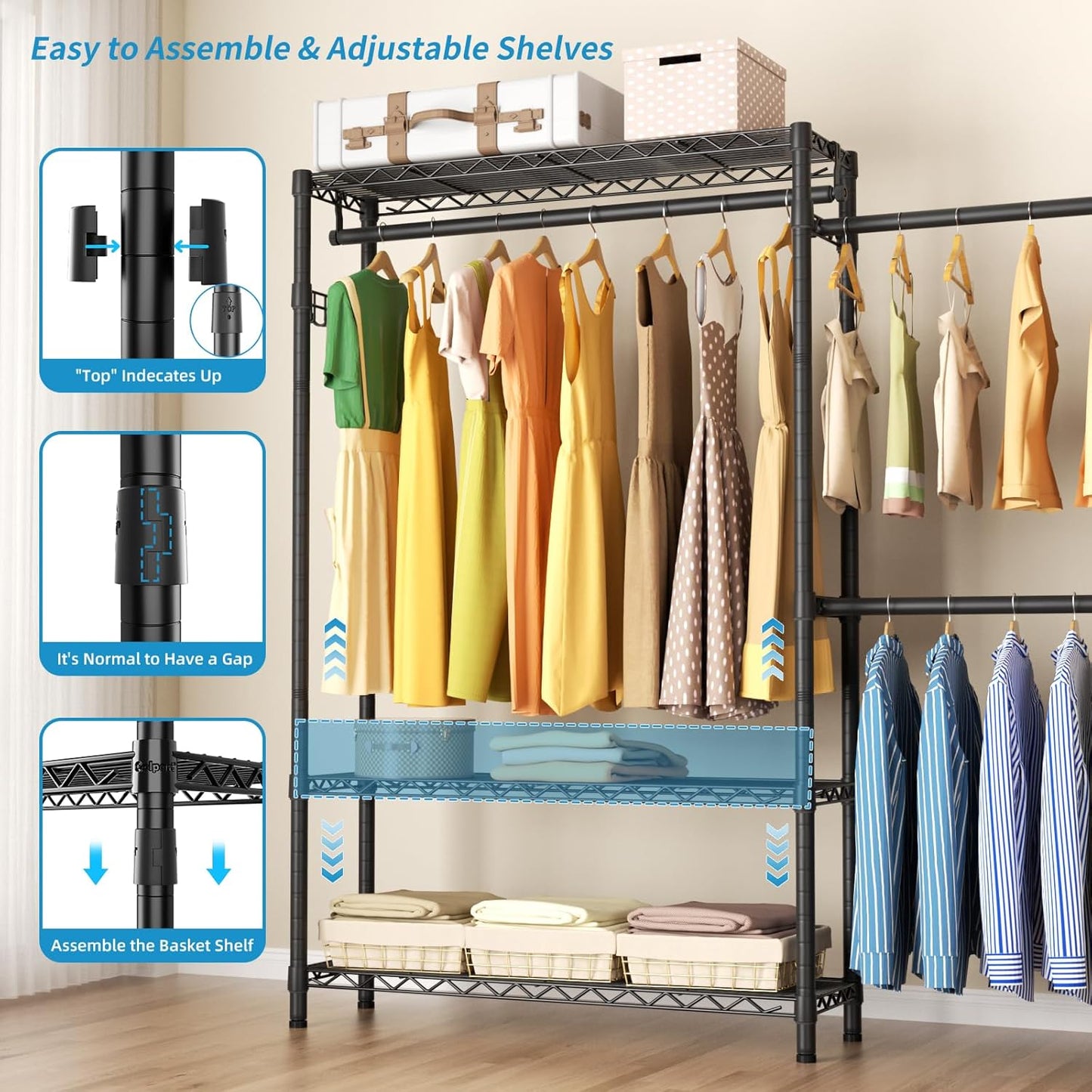 Expandable Heavy Duty Garment Rack Clothes Rack,Large Metal Closet Organizer System Storage Wardrobe,Freestanding Clothing Rack with 9 Adjustable Wire Shelves&3 Hang Rods,MaxLoad 1500lbs