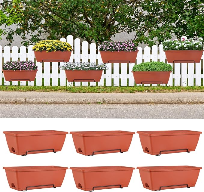 HAITRAL 16.9 Inch Deck Railing Planter Boxes for Plants, Rectangular Hanging Window Boxes Planters with Metal Flower Pots Brackets - 6 Pack Railing Planter Box for Balcony Fences Garden, Red