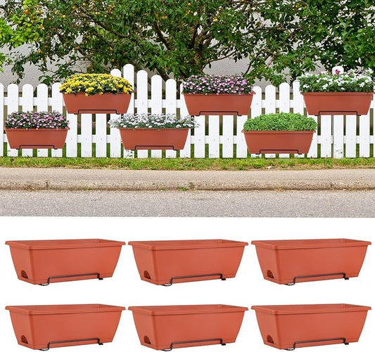 HAITRAL 16.9 Inch Deck Railing Planter Boxes for Plants, Rectangular Hanging Window Boxes Planters with Metal Flower Pots Brackets - 6 Pack Railing Planter Box for Balcony Fences Garden, Red