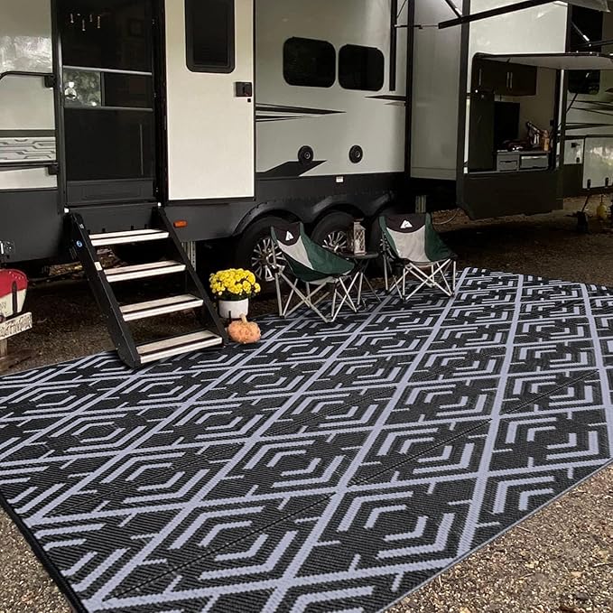 Outdoor Plastic Straw Rug, Waterproof Outdoor Rugs for Patios Clearance, Reversible Area Rug, Large Outside Carpet for Camping, Balcony, RV, Deck, Picnic, Beach (6x9ft Boho/Black&Grey)