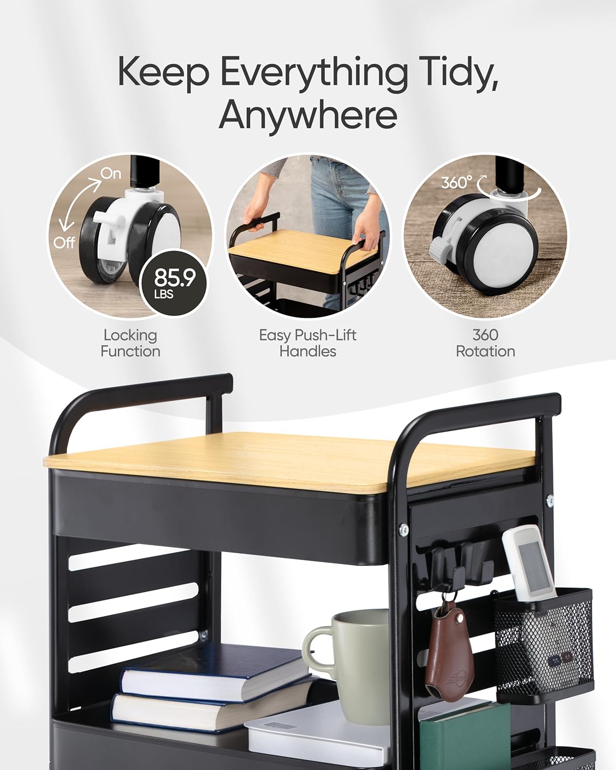 Art Cart with Tabletop & Pegboard - 3-Tier Rolling Utility Cart with Wheels, 2 Baskets & 6 Hooks - Metal Storage Organizer for Home, Office, Crafting & Kids’ Art Supplies (Black)