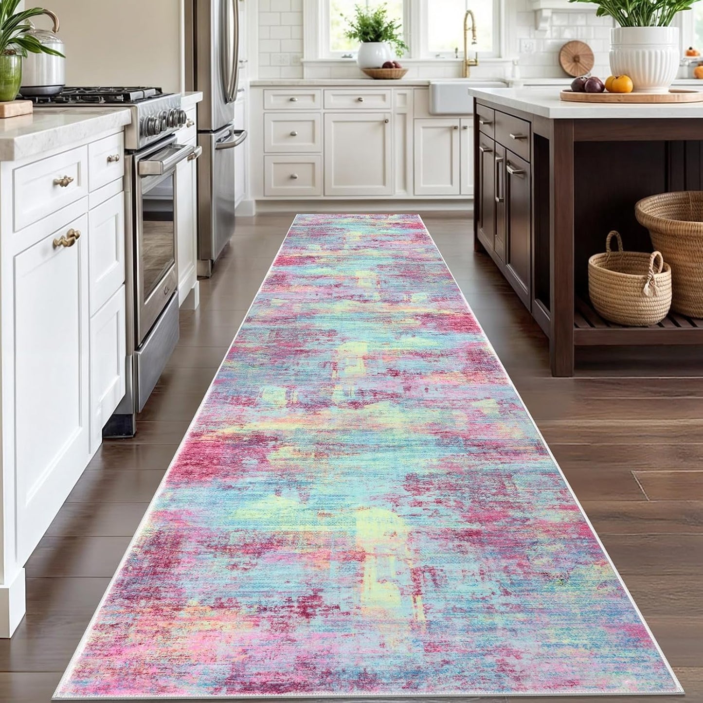 IOHOUZE Abstract Runner Rug 3x12 Ft Washable Runners for Hallways, Non Slip Kitchen Runner Printed Faux Wool Entryway Runner Indoor, Modern Abstract Floor Carpet for Hall Kitchen, Pink Teal