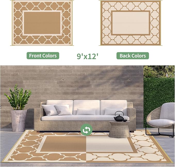 GENIMO 9' x 12' Outdoor Rug for Patio Clearance, Waterproof Indoor Outdoor Plastic Straw Rugs Carpet, Reversible Outside Area Rv Mat for Camping, Balcony Porch, Deck, Picnic, Beach (Brown & Beige)