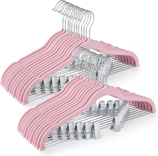 HOUSE DAY Velvet Skirt Hangers - Pink Velvet with Adjustable Clips, Space Saving, Slim, Heavy Duty and Non Slip for Pants, Skirts, Shorts - 24 Pack