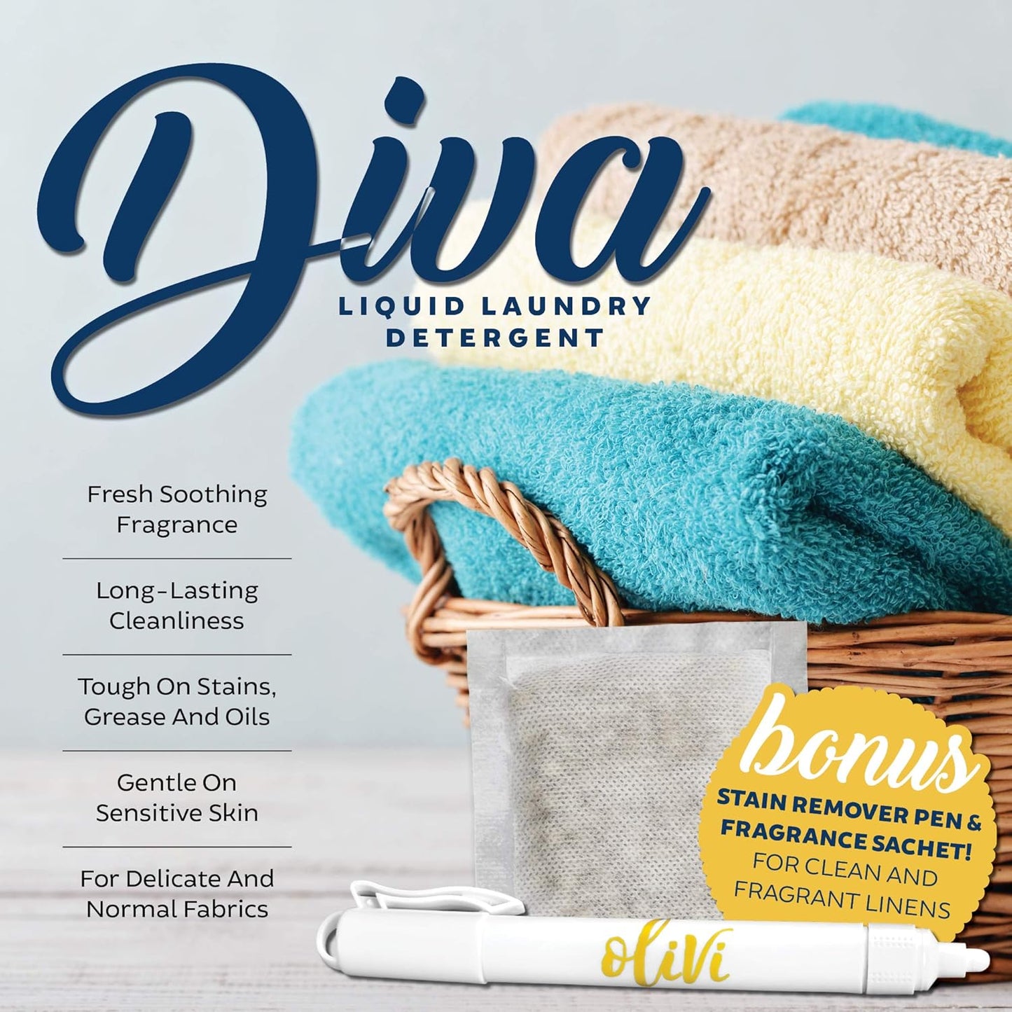 Tyler DIVA Glamorous Wash Laundry Detergent - 1 Gallon - With Olivi Stain Remover Pen - Fresh Scented Sachet - Laundry Detergent For Washing