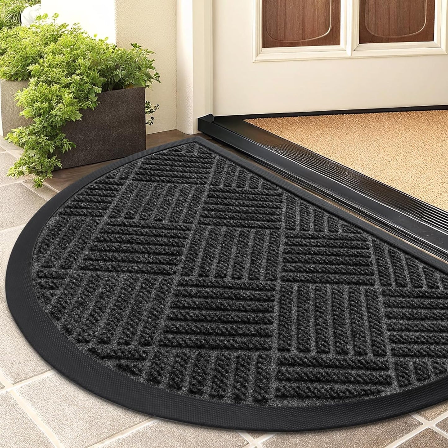 Smiry Half Circle Front Door Mat Outside Entrance, Heavy Duty Outdoor Indoor Natural Rubber Doormat, Non Slip, Trap Dirt and Moisture, Easy Clean, Low Profile Patio Porch Entryway Mat, 29.5x17, Black