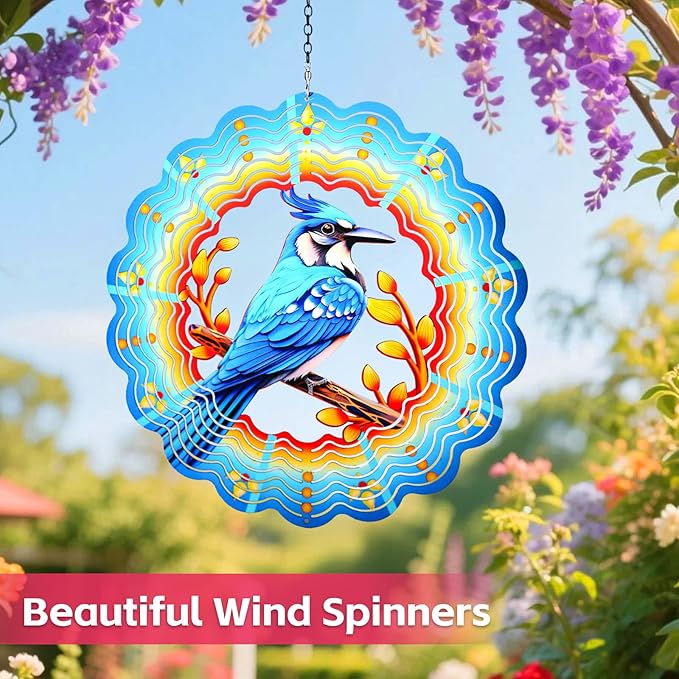 Blue Jay Wind Spinners Outdoor Blue Bird Decor - Birthday Gifts for Women Men,Bird Hanging Wind Spinner 12 inch 3D Wind Sculptures for Garden Patio,Yard, Porch, Deck Decorations
