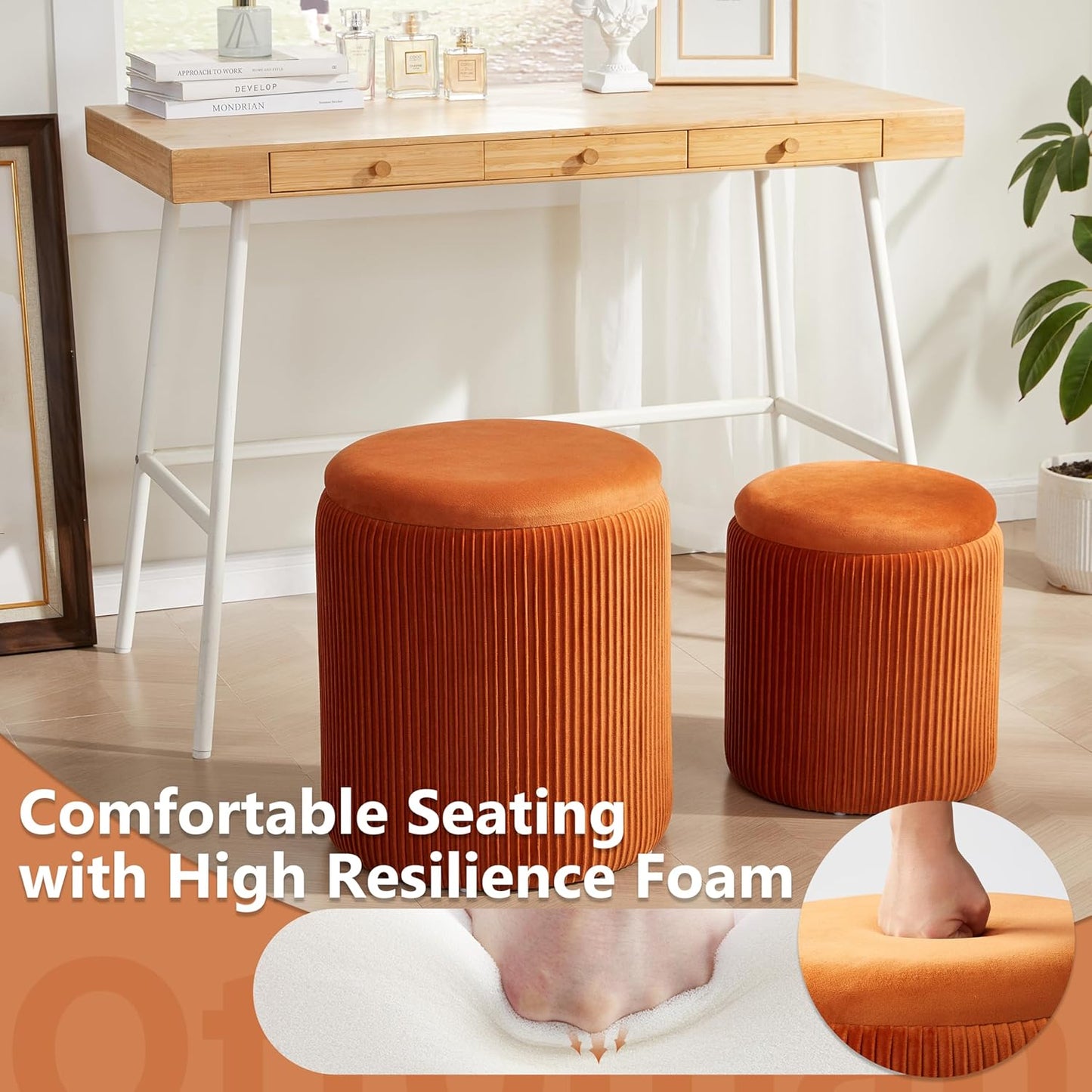 Round Ottoman with Storage Set of 2,Vanity Stool with Storage for Bedroom, Ottoman Coffee Table,Small Velvet Foot Stool for Living Room, Orange