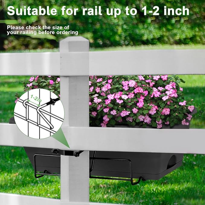 HAITRAL Hanging Planters for Outdoor Plants,Deck Railing Planter Boxes Countryside Style Window Boxes Planters, Balcony Flower Pots Plastic Railing Planter with Metal Brackets for Fence,Black 6 Pcs