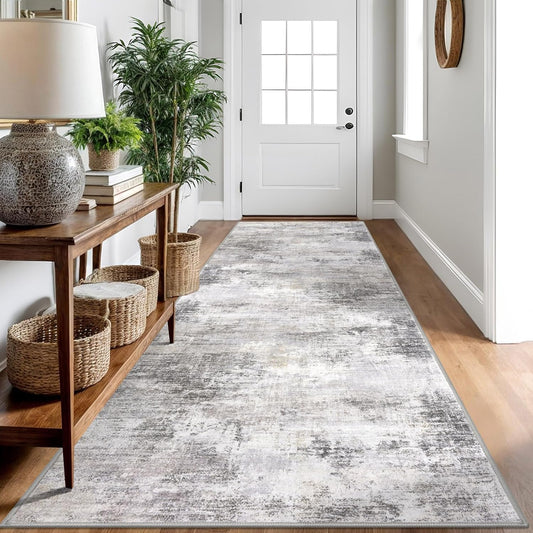 IOHOUZE Abstract Runner Rug 3x10 Ft Washable Runners for Hallways, Non Slip Kitchen Runner Printed Faux Wool Entryway Runner Indoor, Modern Abstract Floor Carpet for Hall Bedroom, Grey Beige
