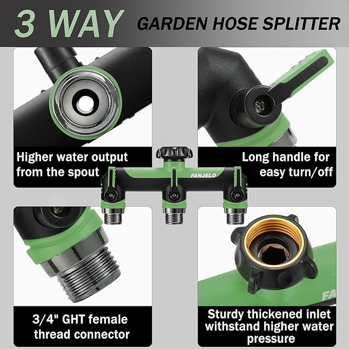 3 Way Hose Splitter, Heavy Duty Garden Water Hose Bib Spigot Splitter, Outdoor Faucet Splitter with Shutoff Valve, Garden Hoses Connector for T Adapter, 3/4 - Inch GHT Thread (Green)