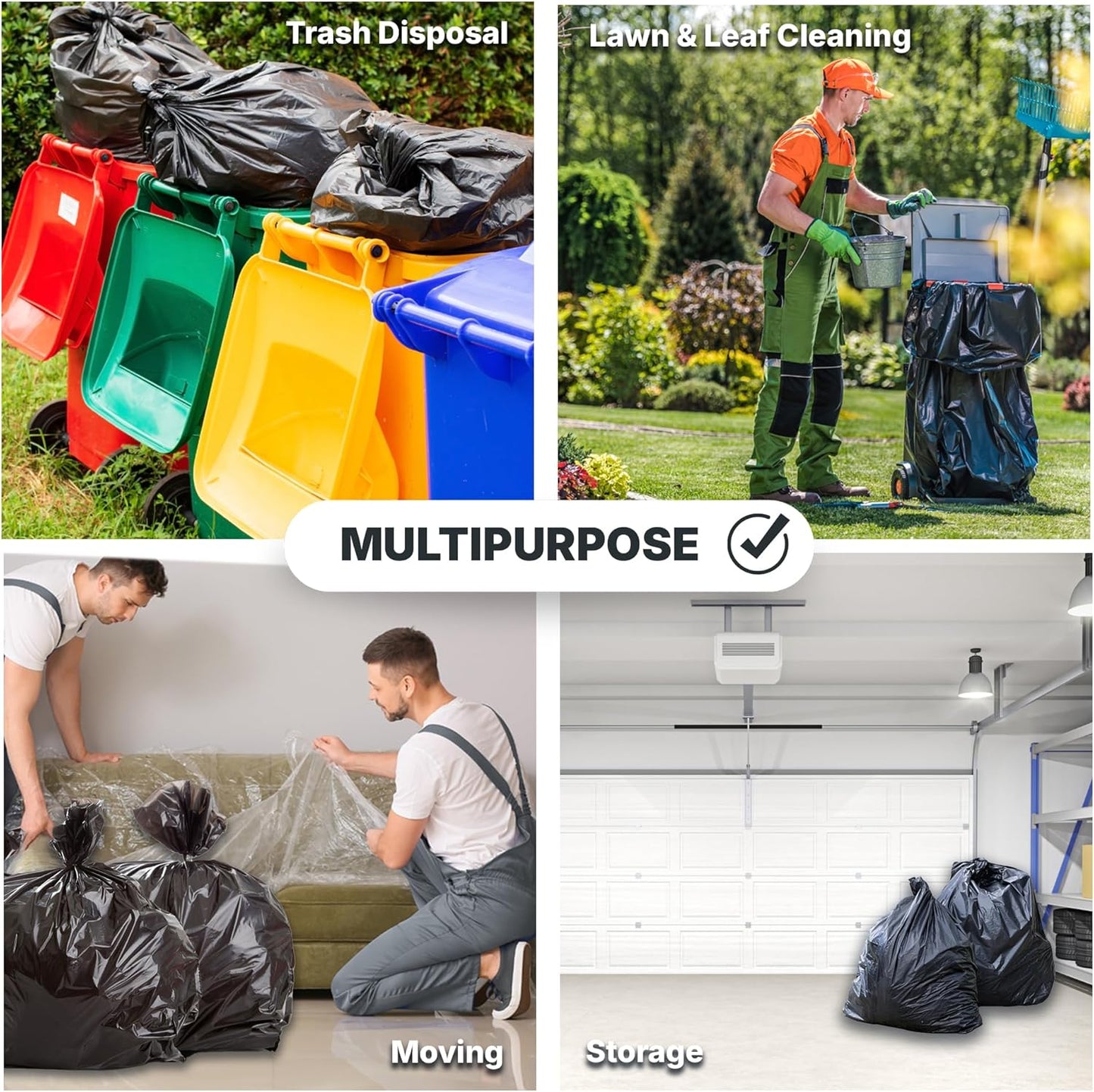 55-60 Gallon Trash Bags, 30 Micron Heavy Duty Pure LDPE Garbage Can Liners, 36" x 58" Large, Black, 100 Count