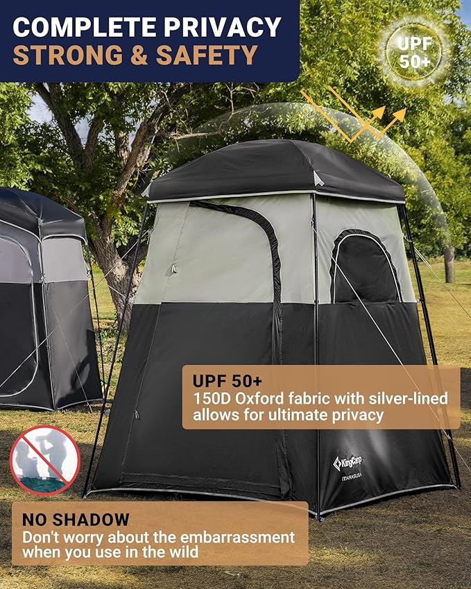 KingCamp Camping Shower Tent, Portable Outdoor Privacy Toilet & Changing Tent Windproof & Waterproof Easy Setup 1 or 2 Room Shelter with Shower Bag for Camping Hiking Beach