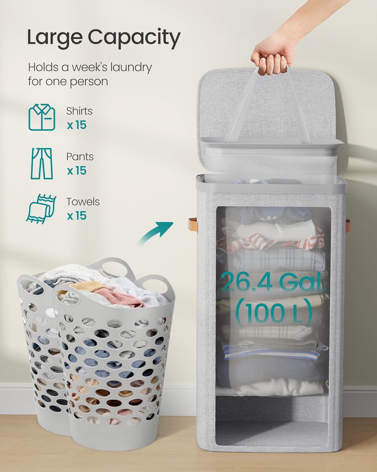 SONGMICS Laundry Basket, 26.4 Gal. Laundry Hamper, Easy Assembly, with Lid and Handles, Removable Liner, 16.5 x 12.6 x 29.5 Inches, Dove Gray ULCB811GD01