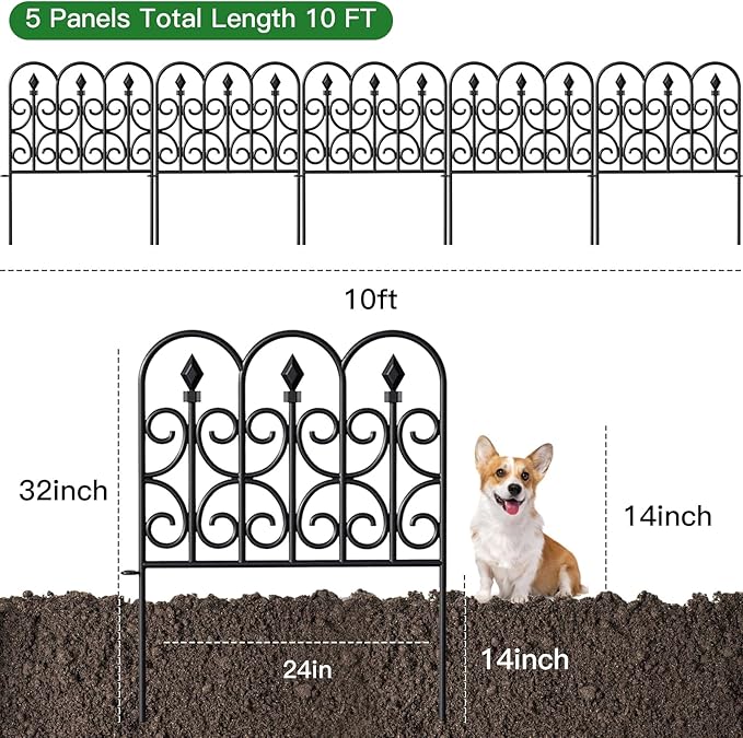 AMAGABELI GARDEN & HOME 5 Panels 32in(H)×10ft(L) Decorative Garden Fences and Borders for Dogs No Dig Rustproof Metal Fence Panels Garden Edging Border Animal Barrier Fencing for Flower Beds Black