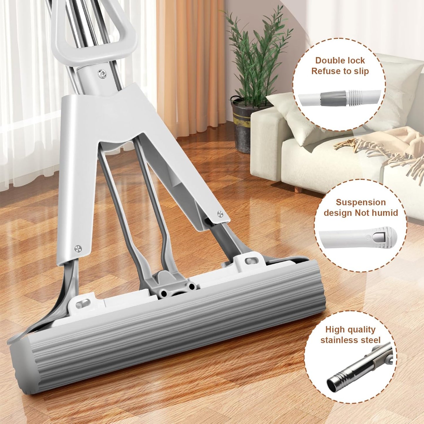 Sponge Mop for Kitchen Bathroom Garage Floor Cleaning Telescope Handle Automatic Wringing Suitable for Tile Marble Wood Floors with 1 Extra Sponge Head