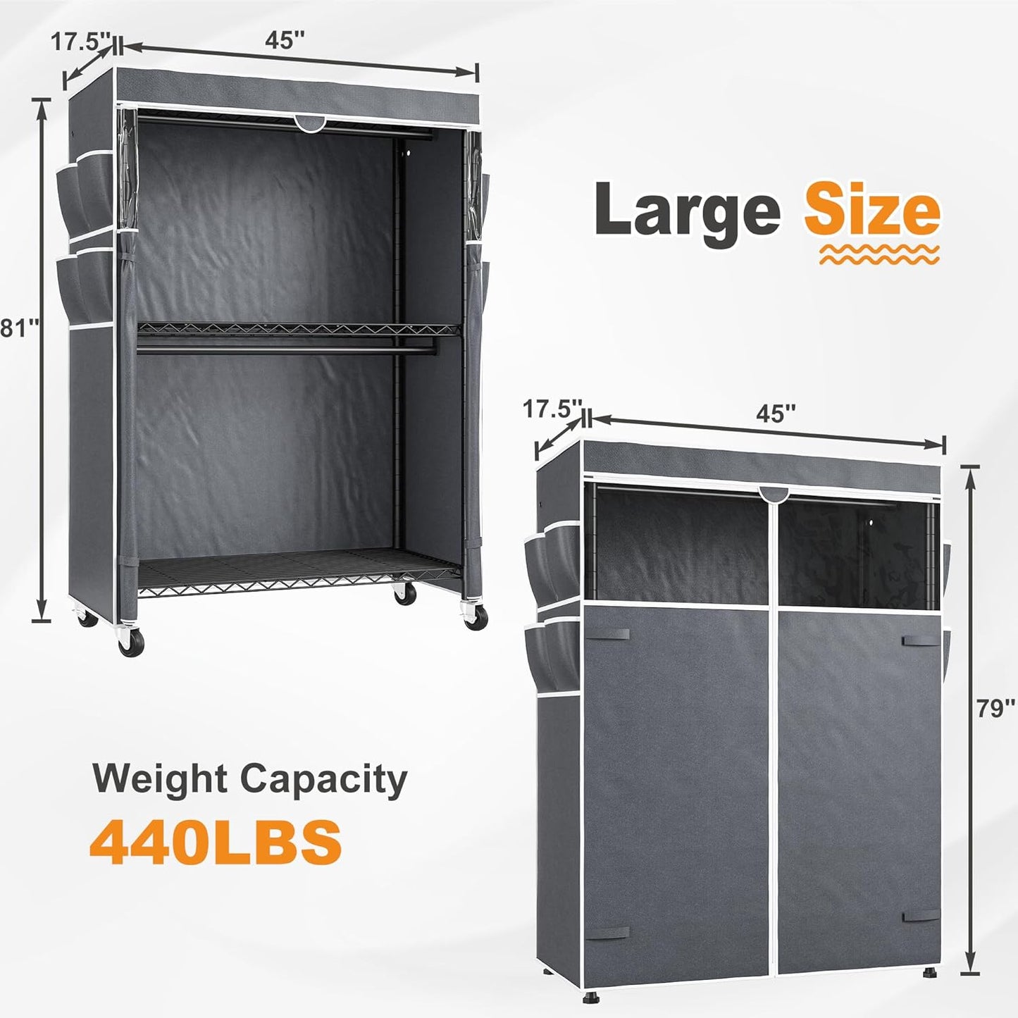 Raybee Clothes Rack with Cover, 81" H Clothing Racks for Hanging Clothes, Portable with Wheels and Adjustable Feets, Max Load 440LBS, Black