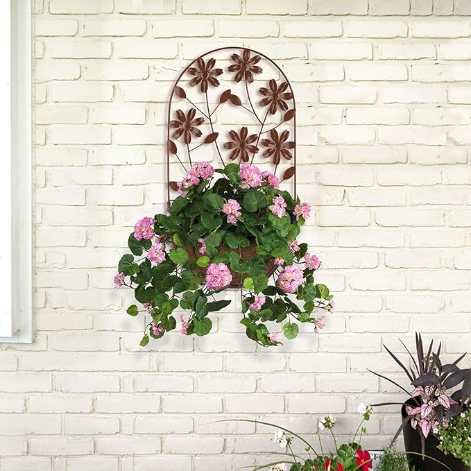 BAYN 2PKs Wall Hanging Planter Decor Art with Flower, Metal Wall Mounted Planters Indoor Outdoor Wall Planter for Succulent Herb Home Garden Yard