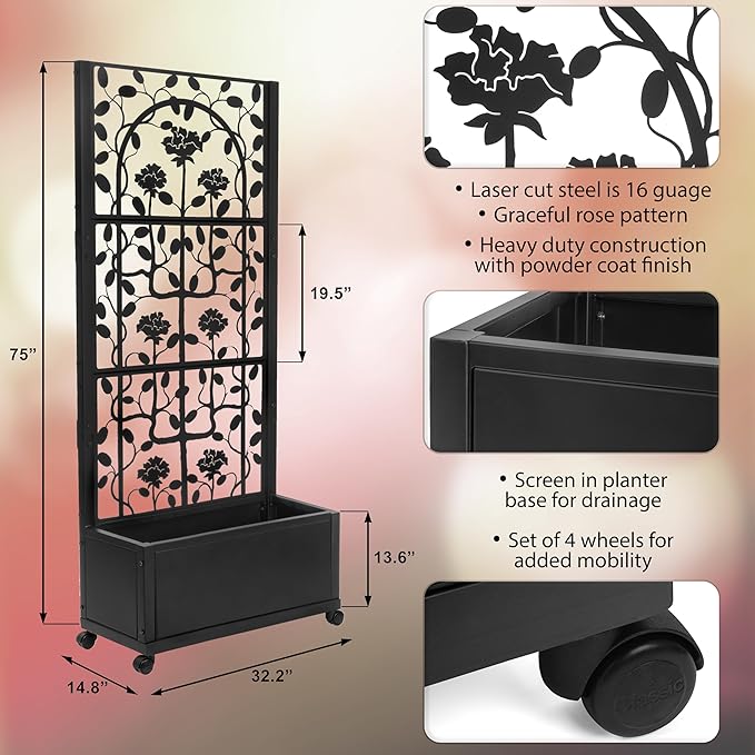 H Potter Trellis Planter Box for Outdoor Plants Privacy Screen for Patio Garden Deck Balcony (Black)