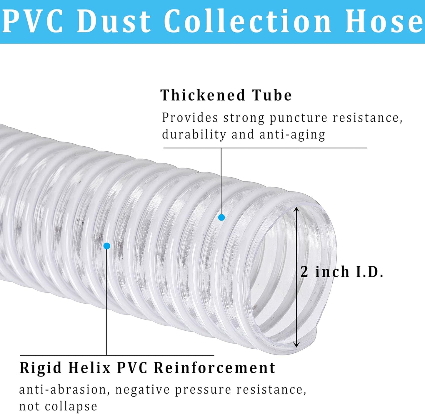 Dust Collection Hose 2 in × 10 ft Heavy Duty Clear Flexible PVC Reinforced Thicken Helix Suction Discharge Corrugated Pipe Hose for Fume Dust Collector Fitting Wood Chip Saw