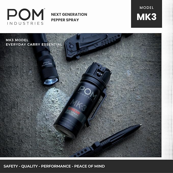 POM MK3 Pepper Spray, Belt Clip Model, Maximum Police Strength OC with UV Marking Dye, Quick Flip Top Safety, 360° Performance at Any Angle, Powerful Accurate Stream, 18 ft Range, 1.8 fl oz