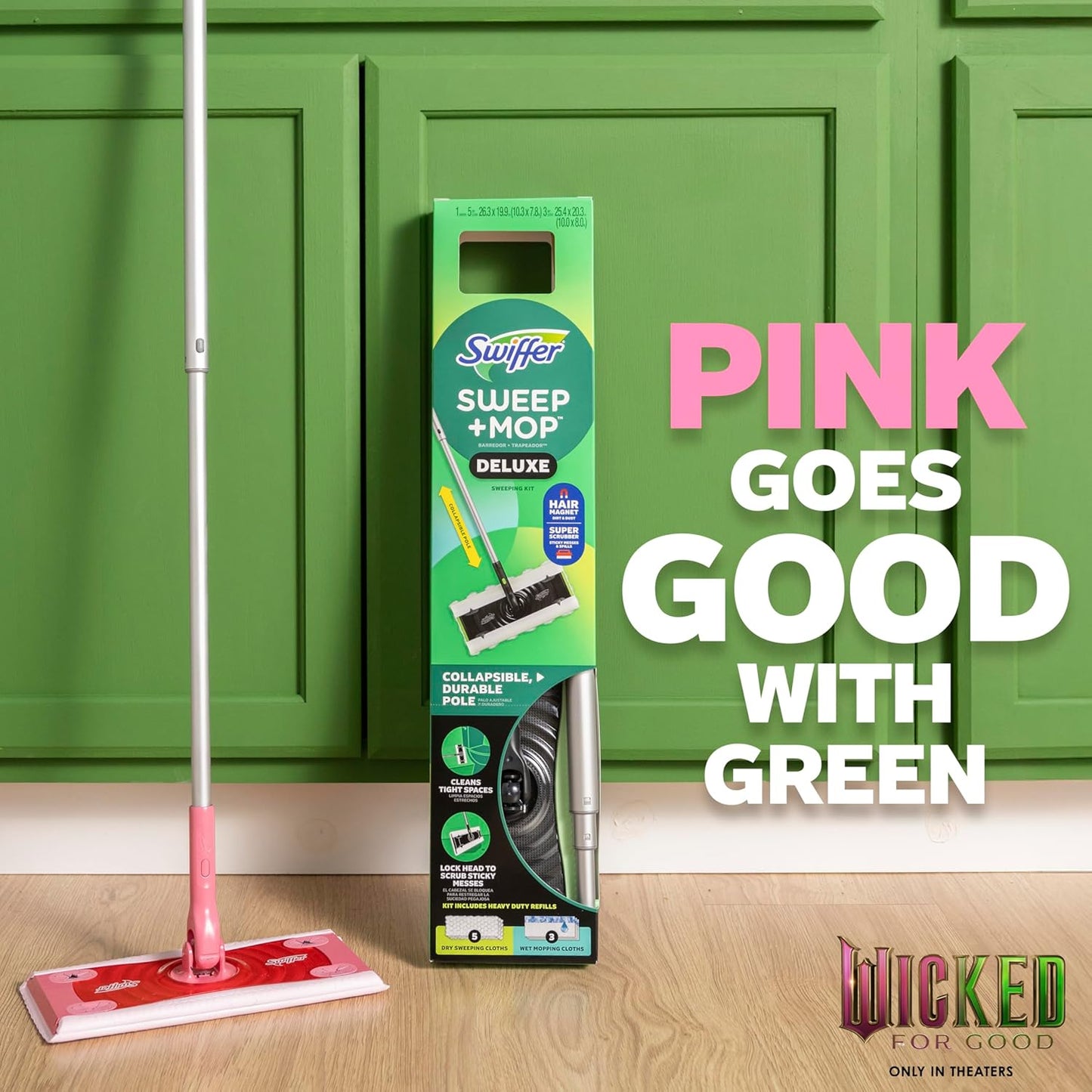 Swiffer Sweep and Mop Deluxe, Limited Edition Pink Wicked: for Good, 2-in-1 Floor Mopping and Sweeping Kit, 1 Sweeper Device, 5 Heavy Duty Dry Sweeping Cloths, 3 Heavy Duty Wet Mopping Cloths