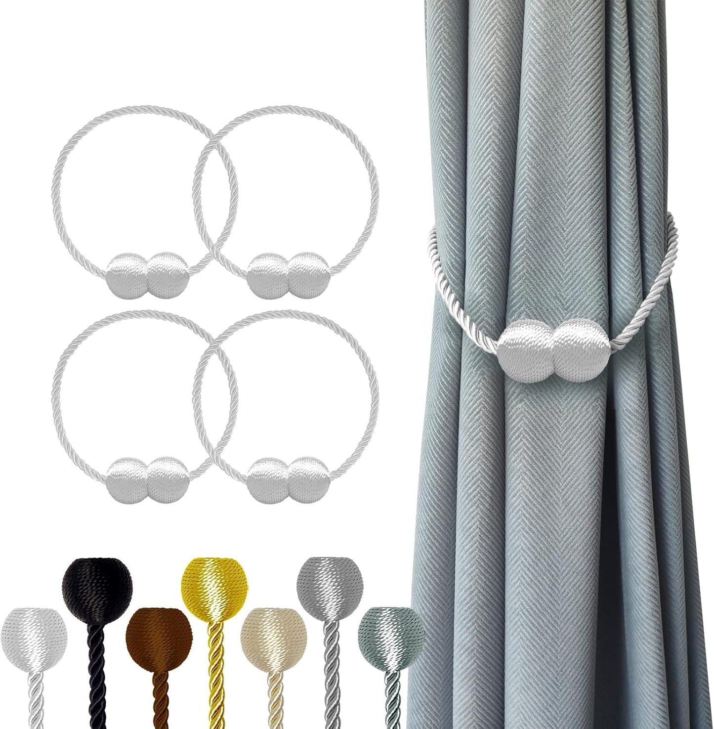 Hion Magnetic Curtain Tiebacks White 4 Pack, Curtain Tiebacks Buckles Holdbacks Holders Hooks Clip for Home Bedroom Office Decorative Thick or Thin Curtain