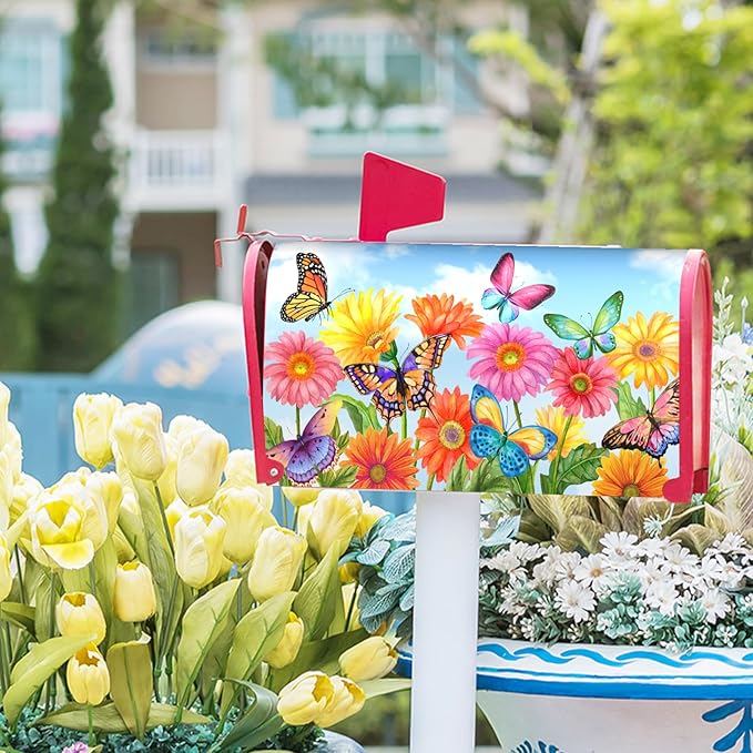 Spring Flower Mailbox Covers Magnetic Standard Size 21x18 Inch Beautiful Fluttering Butterfly Mailbox Covers Colorful Floral Decorative Mailboxes Wraps Post Letter Box Cover for Outside
