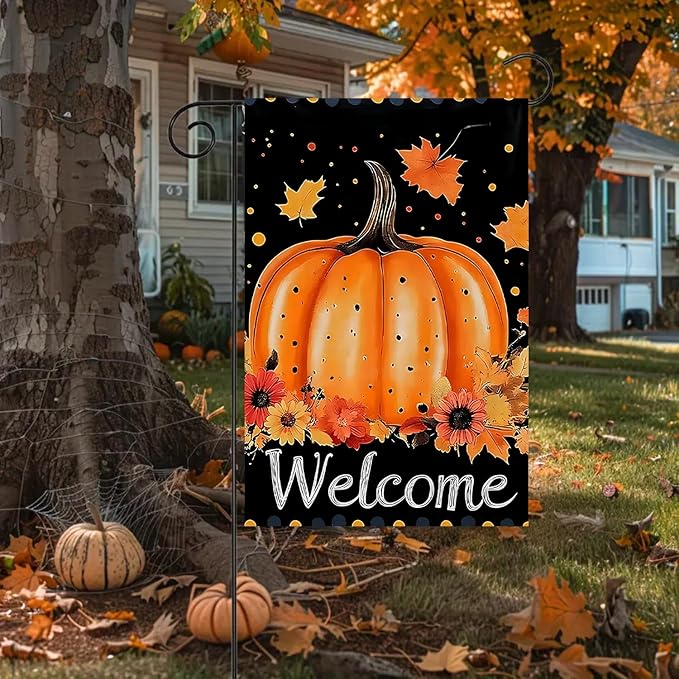 Pumpkin Garden Flag 12X18Inch Double Side,Autumn Maple Leaves Fall Yard flag, Welcome Thanksgiving Outside Small Garden Flag Decorative,Fall Outdoor Flag for Holiday Patio Courtyard