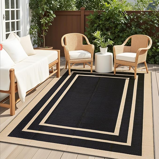 OLANLY Outdoor Rug 5x8 ft Waterproof, Reversible Outdoor Plastic Straw Rug, RV Mat, Indoor Outdoor Carpet Clearance for Patio, Camping, Balcony, Deck, Backyard, Black & Beige