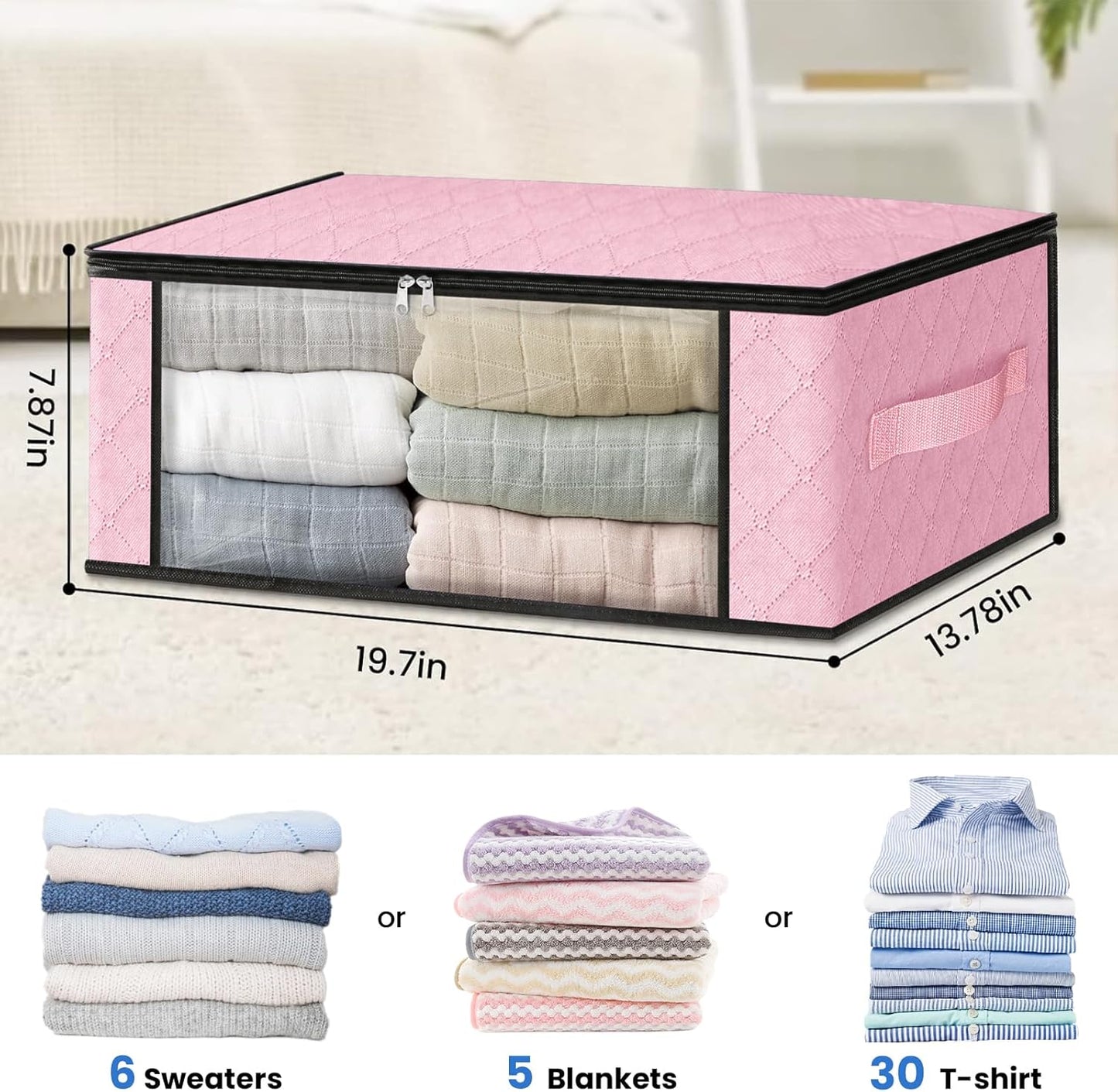 HomeHacks Storage 4-Pack Clothes Organizer Storage Bags Foldable Storage Box with Large Clear Window Sturdy Handles for Closet, Dorm, Pillows, Bedding, Clothes, Blankets, 35L, Pink