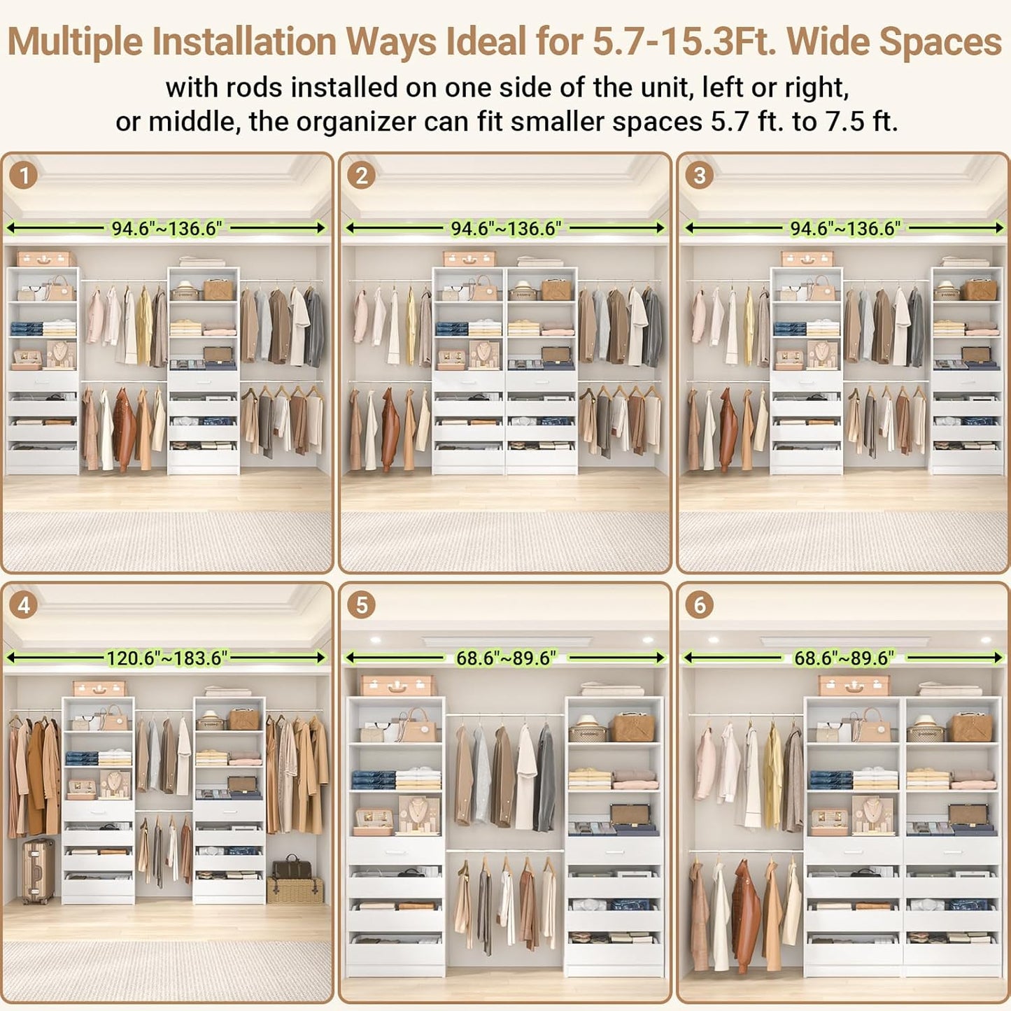 Aheaplus Closet System, 6-15Ft Closet Organizer with 8 Wooden Drawers, Wood Closet Organizer System with Tower, Walk-in Closet Organizer Wardrobe Clothes Rack with 4 Hanging Rods, Garment Rack, White