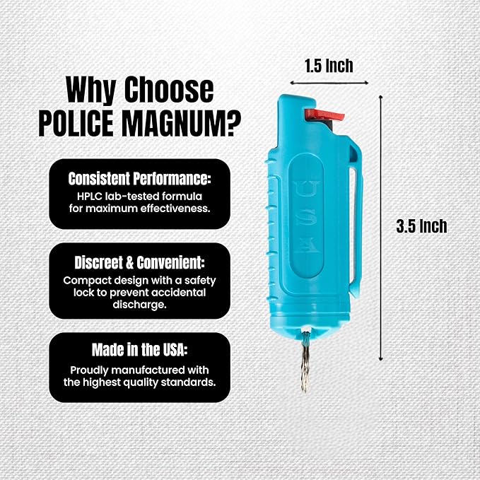 Police Magnum Keychain Pepper Spray Self Defense Belt Clip Holder - 2 Pack Tactical Maximum Strength OC with Dye - Small Safety Key Chains for Women & Men - Made in The USA