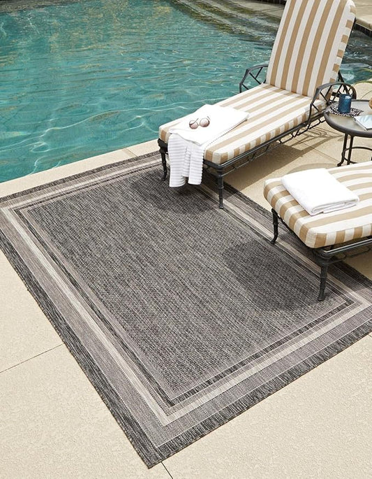 Unique Loom Outdoor Border Collection Area Rug - Soft Border (10' x 14' 1" Rectangle, Black/ Ivory)