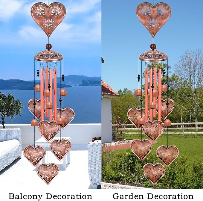 Heart Shape Wind Chimes for Garden, Gifts for Mom, Home, Balconies, Rooms, Patio, Indoor, Outdoor Heart Decoration, Hearts Shape Wind Catcher, Red Copper Memorial Wind Bells, Hearts Wind Chimes Decor