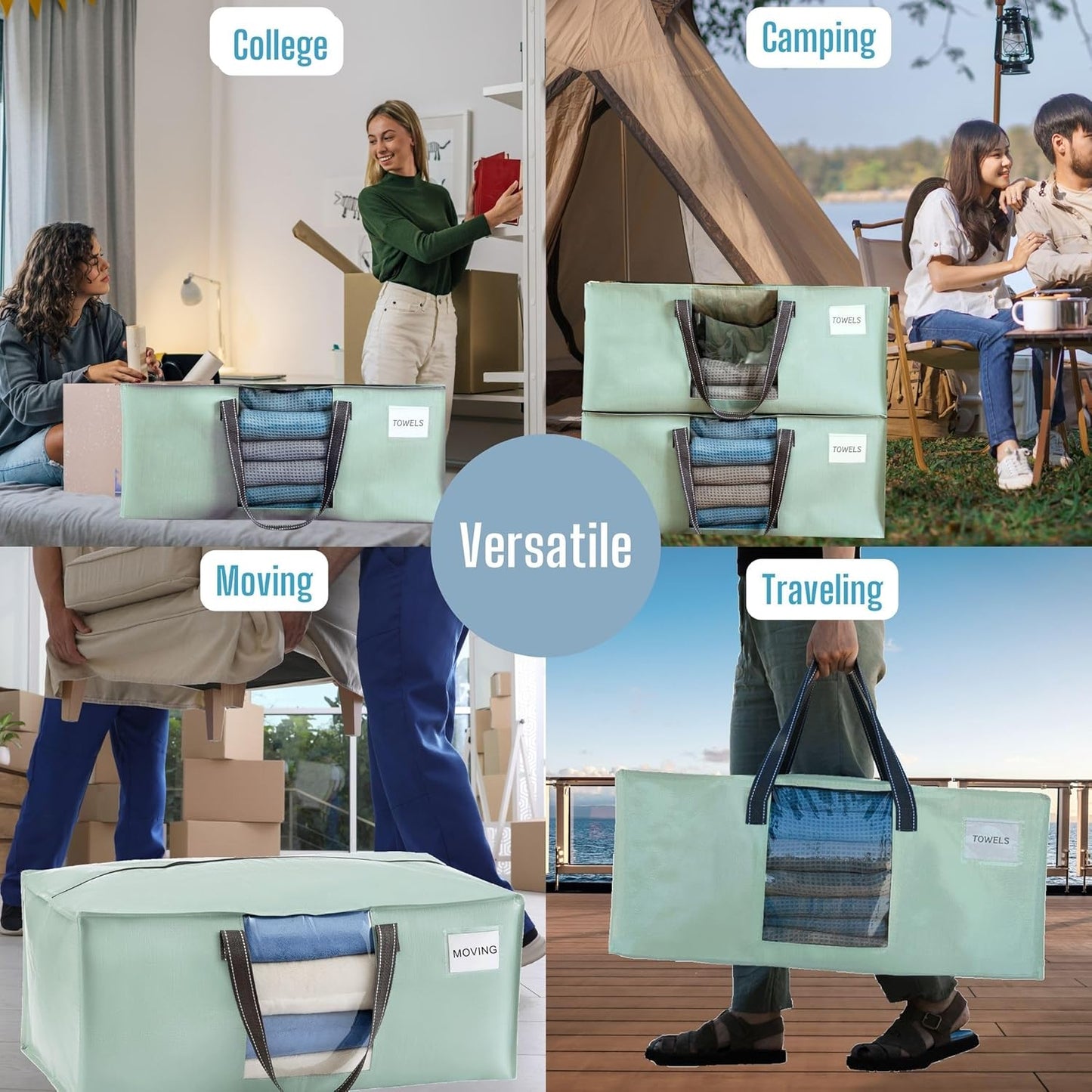 VENO 6 Pack Moving Bags for College, Heavy-Duty Storage Totes, Moving Boxes and Wardrobe Packing Supplies Alternative - Extra Large Durable Laundry Bags for Clothes (Shiny Light Green, 6 Pack)