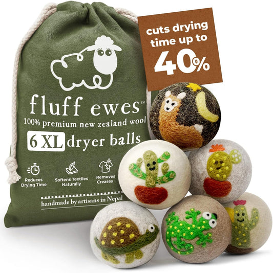 Fluff Ewes Wool Dryer Balls 6 Pack Premium New Zealand Wool Laundry Balls for Dryer, No Static Dryer Balls Laundry Reusable, XL Wool Dryer Balls Cute, Baby Dryer Balls for Dryers - Kiss My Cactus